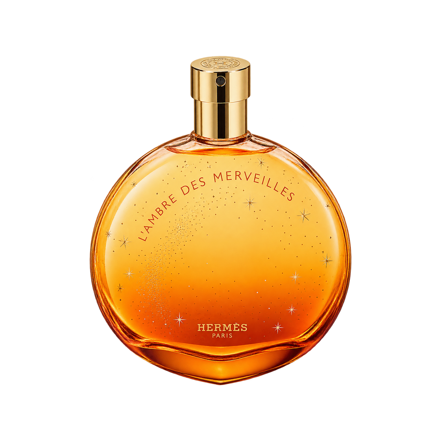 Hermès L'Ambre des Merveilles EDP 100ml — front-facing bottle with transparent background and balanced scale