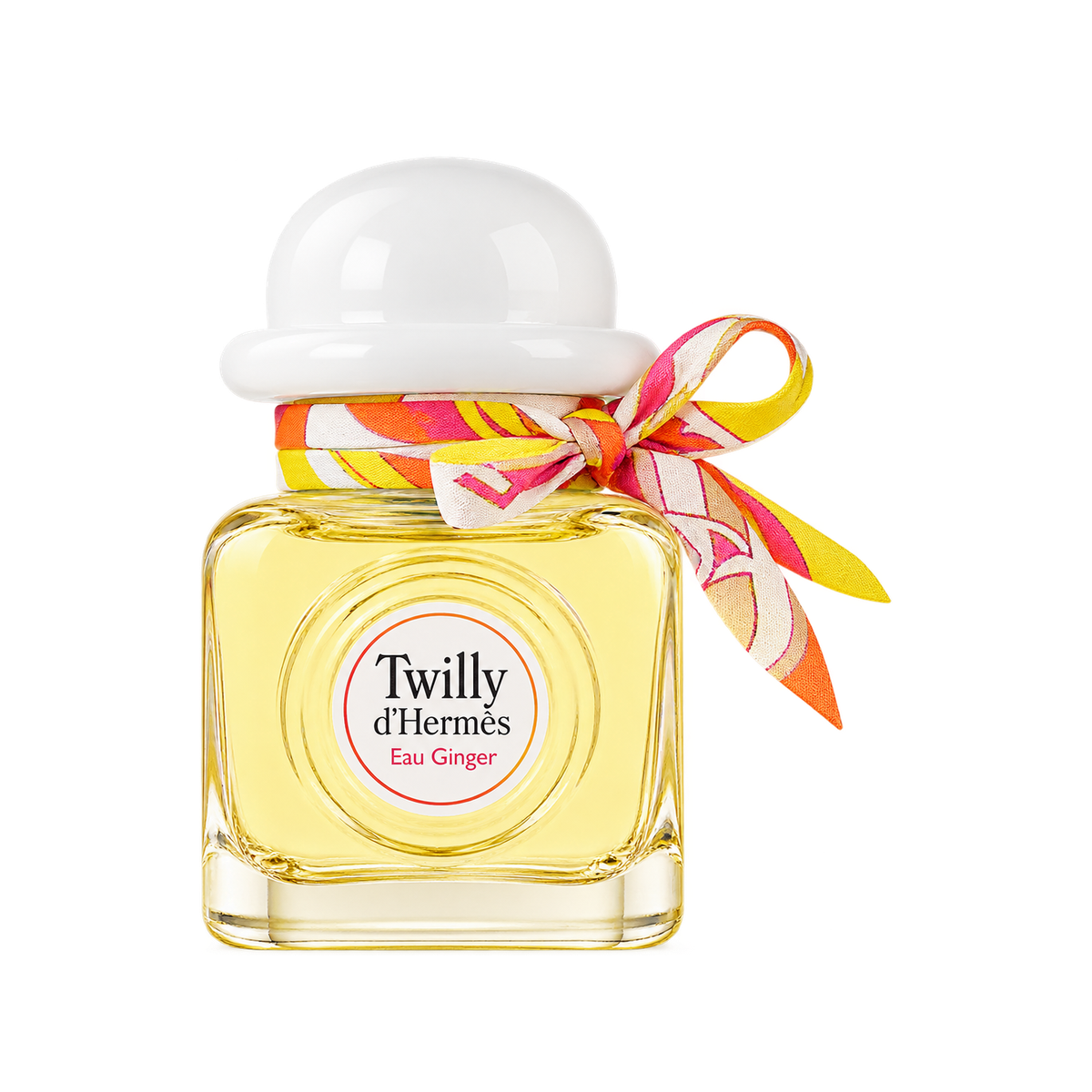 Hermès Twilly Eau Ginger EDP 85ml — upright front-facing bottle, correct white cap, transparent background and balanced scale