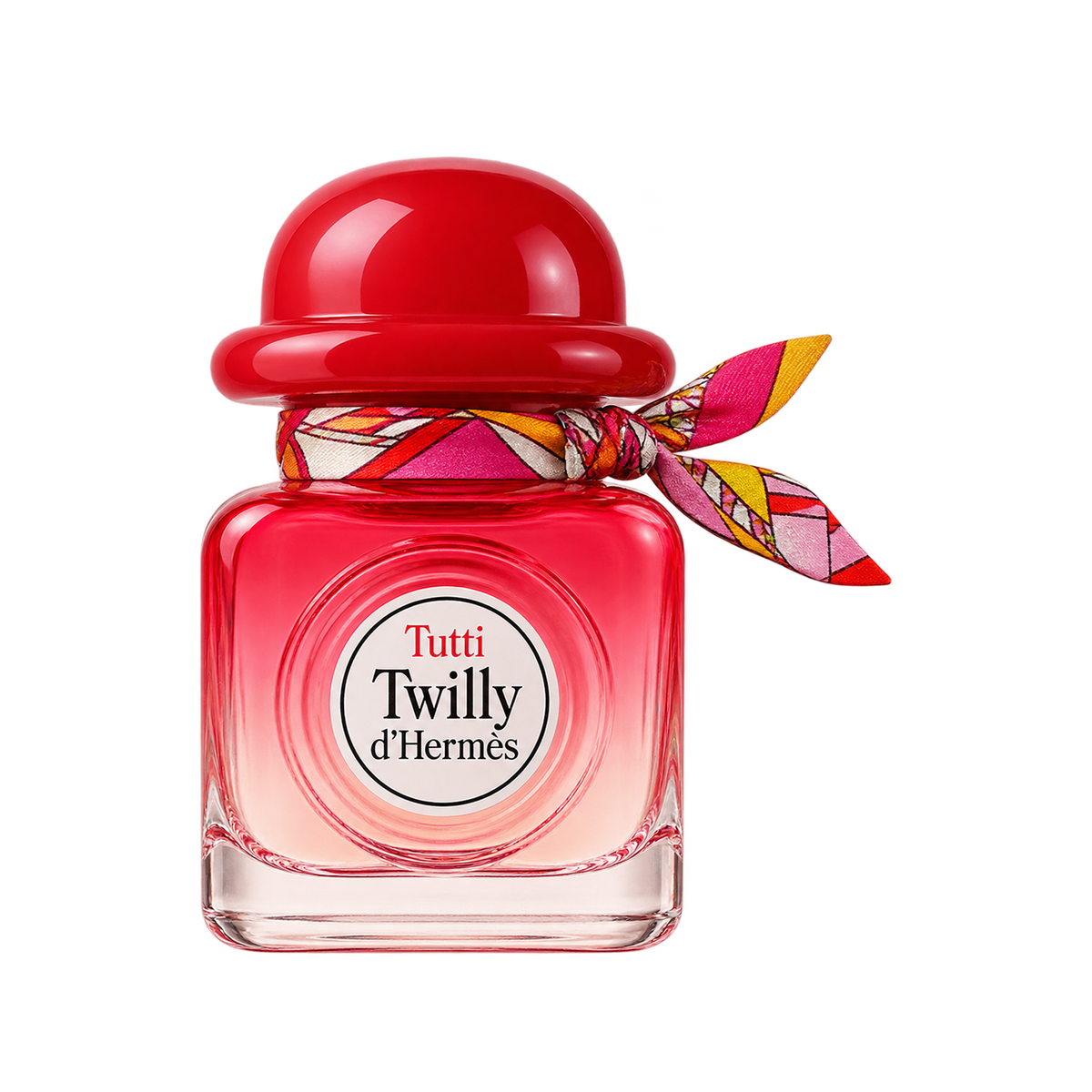 Hermès Tutti Twilly EDP 85ml — front-facing red gradient bottle, transparent background and balanced scale