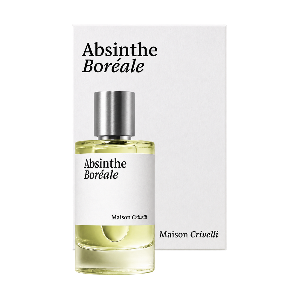Maison Crivelli Absinthe Boréale bottle and packaging on transparent background