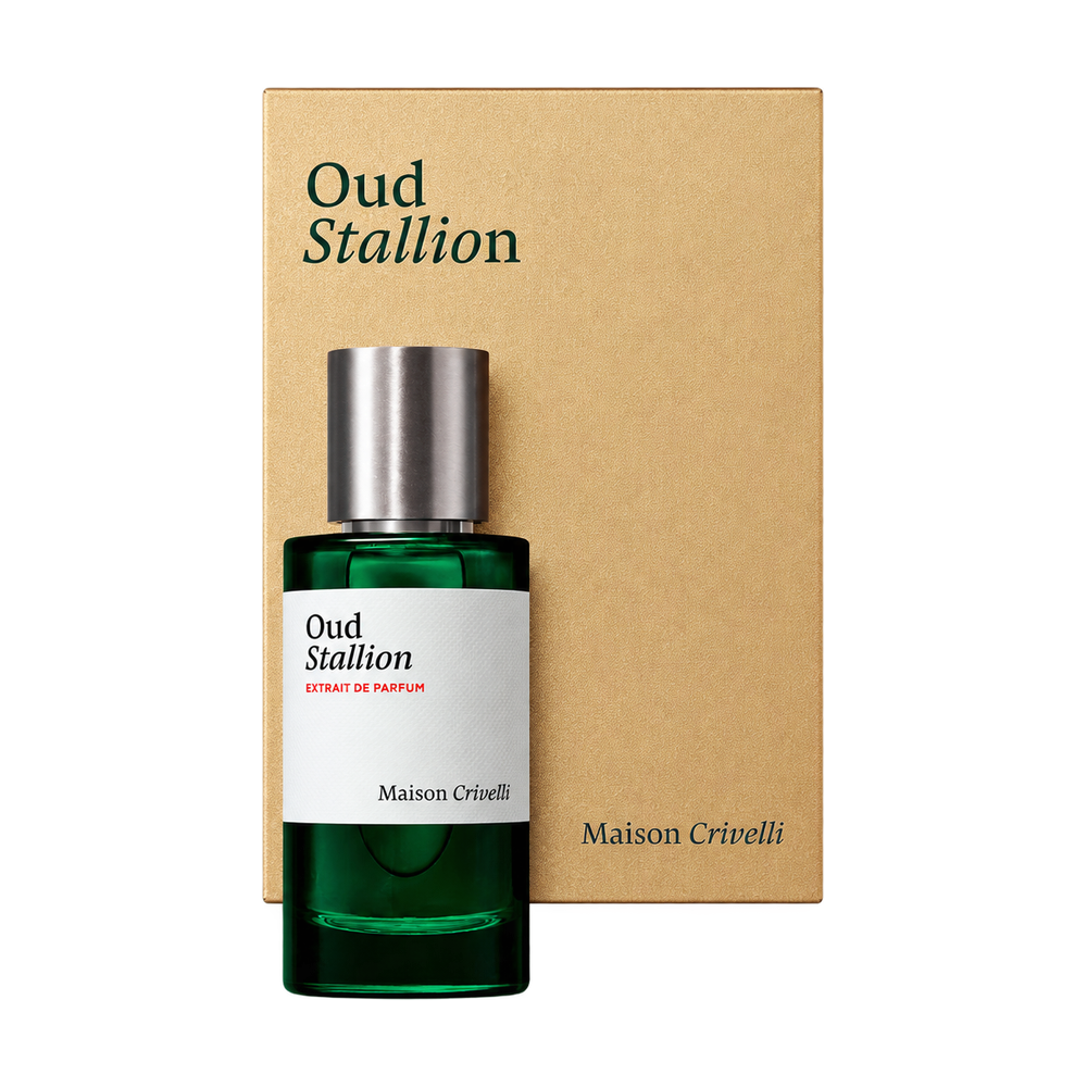 Maison Crivelli Oud Stallion bottle and packaging on transparent background