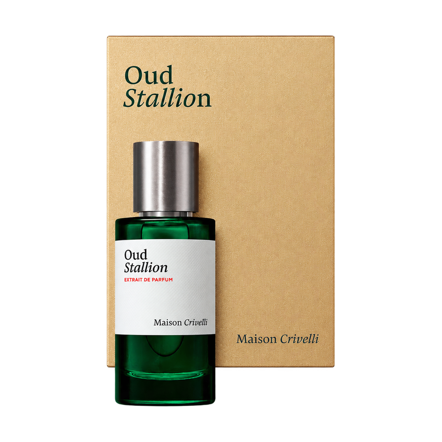 Maison Crivelli Oud Stallion bottle and packaging on transparent background