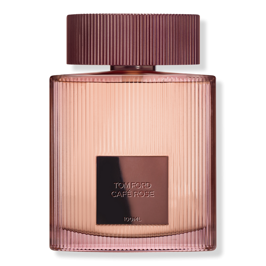 Tom Ford Café Rose Eau de Parfum 100ml – authentic ribbed rose-gold bottle, straight-on, transparent background