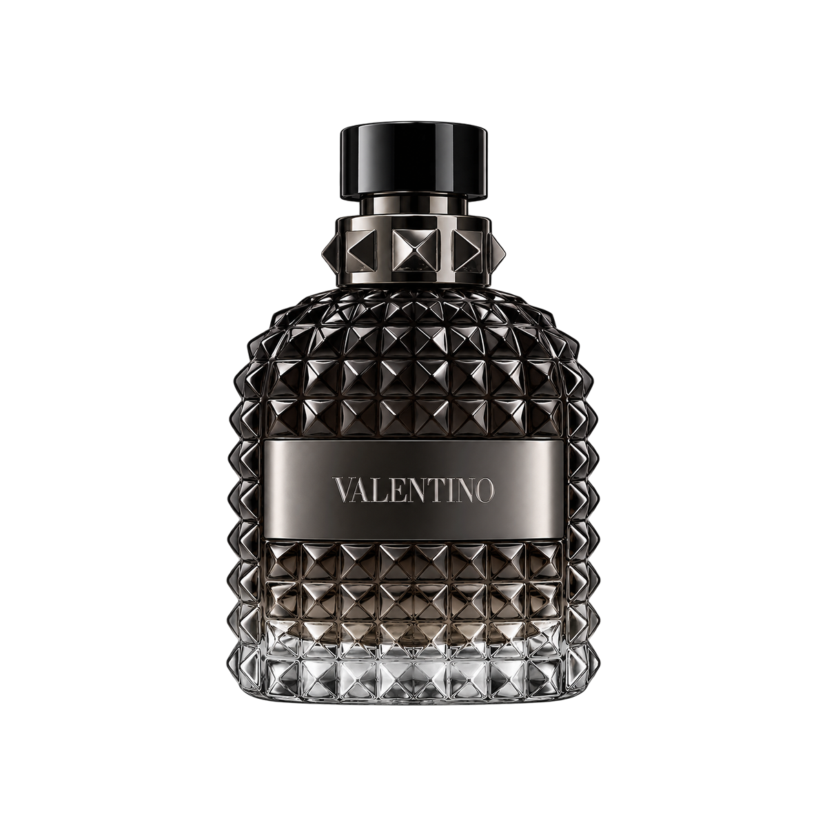 Valentino Uomo Intense EDP 100ml – front-facing black studded bottle only, centered on transparent background