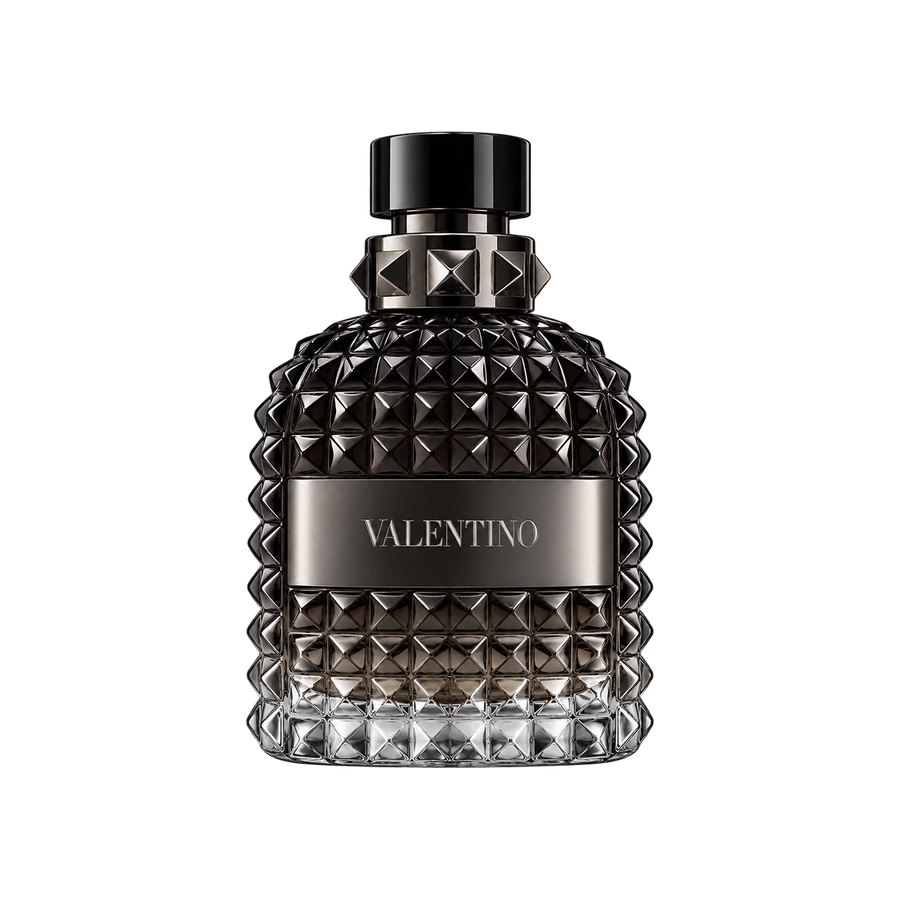 Valentino Uomo Intense EDP 100ml – front-facing black studded bottle only, centered on transparent background